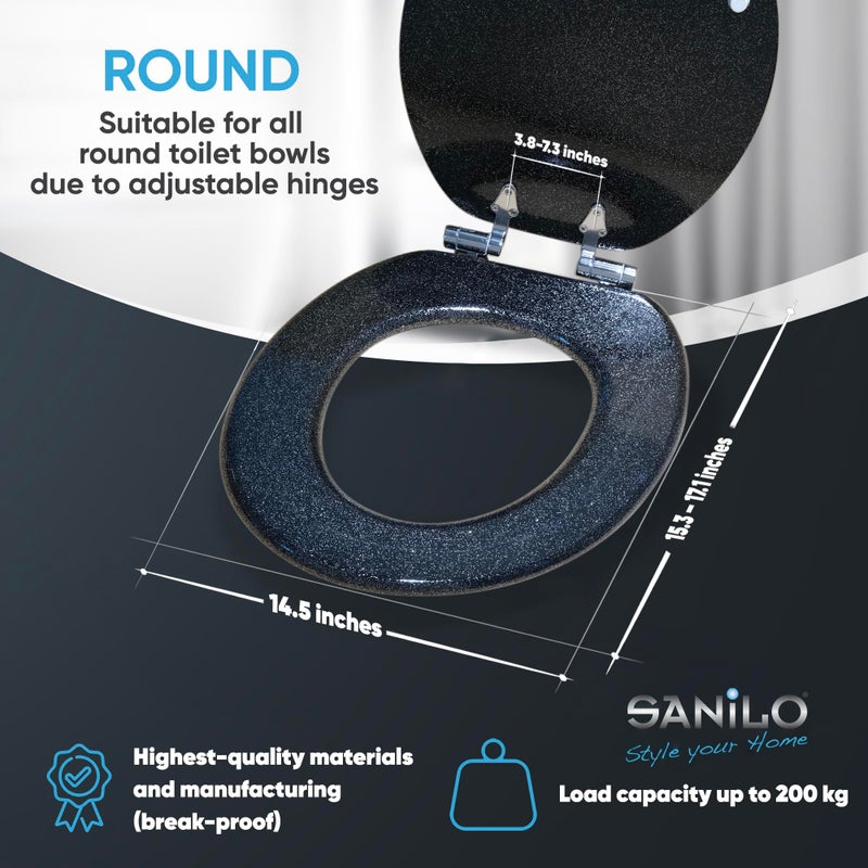 SANILO Wooden Toilet Seat with Soft Close [ROUND] - Decorative, Quiet & Slow Close Molded Wood Seat - With Strong Bumpers & Hinges - Adjustable Fit â€“ Glittering Black - Image 4